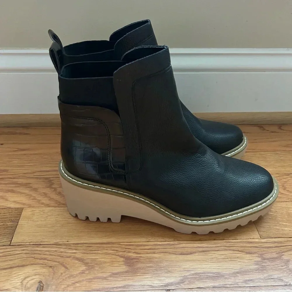 Nicole Miller Pocas Wedge Lug Platform Ankle Black Boot Women’s Size 9